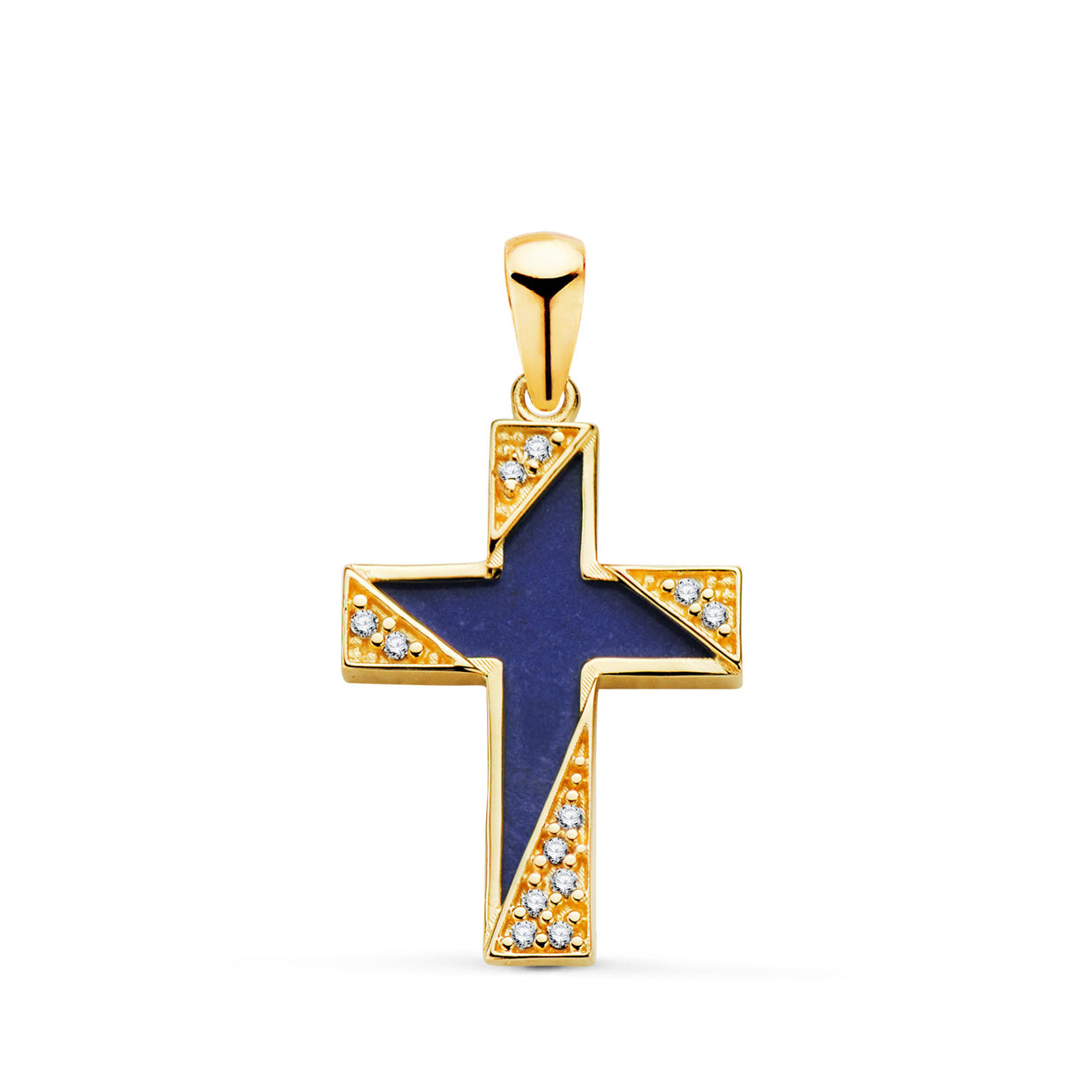 Cruz Lapizlazuli Detalles con Circonitas. Medida: 19 x 12,5 mm de oro amarillo 18K