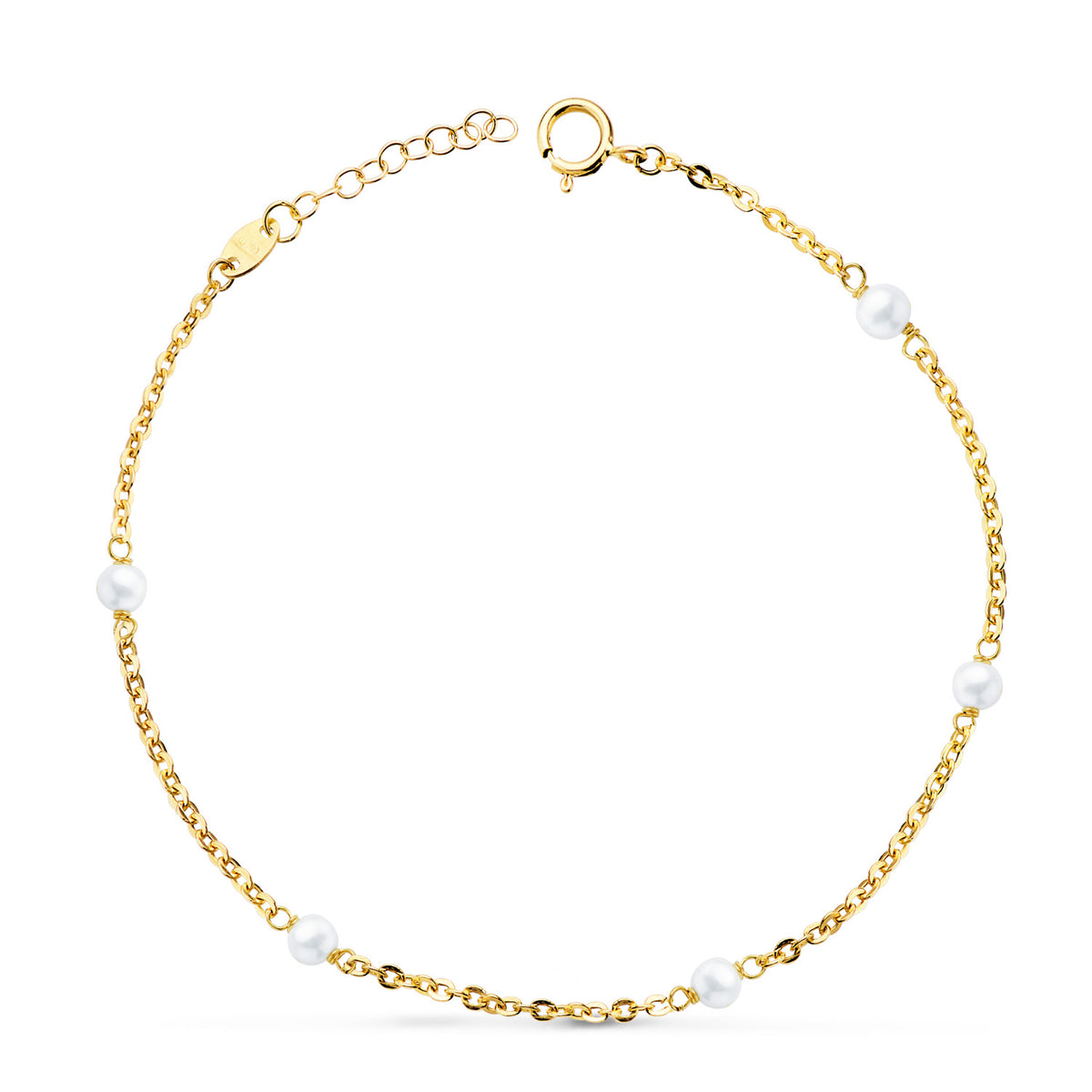 Pulsera 5 Perlas de 3,5 mm Eslabon Forzado Hueco. Largo: 16 3 Cm de oro amarillo 18K