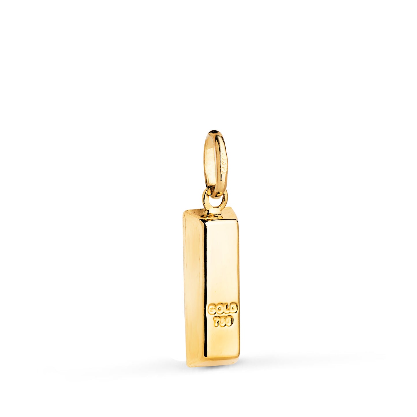 Colgante Amuleto Lingote Hueco en Brillo. Medida: 16 x 6 mm de oro amarillo 18K