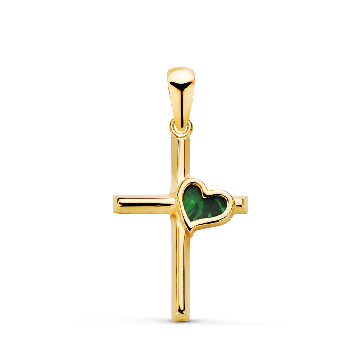 Cruz con Corazon de Malaquita. Medida: 18 x 12 mm de oro amarillo 18K