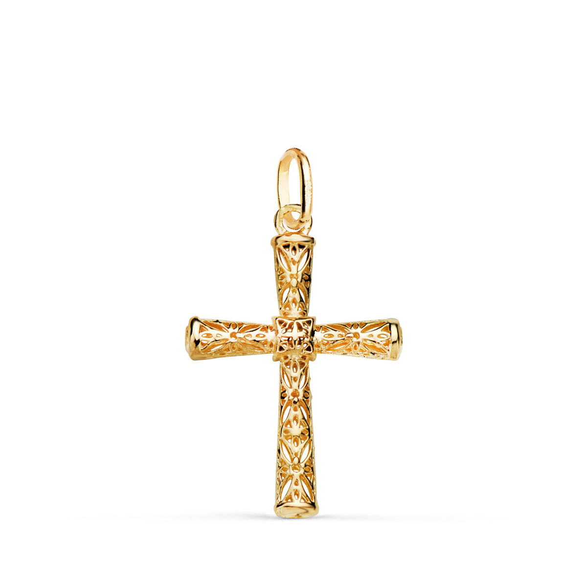Cruz Calada Detalles Filigrana Tubo Oval. Medida: 22 x 15 mm. de oro amarillo 18K