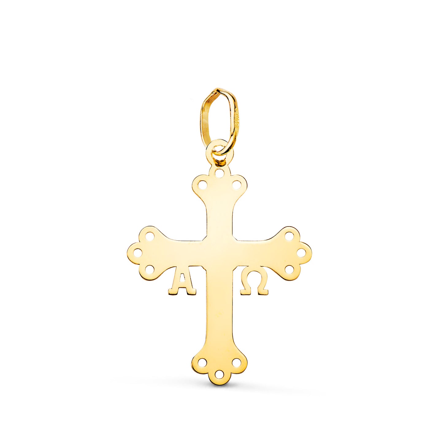 18K COLGANTE ORO AMARILLO CRUZ DE COVADONGA O VICTORIA SILUETA EN BRILLO. 22 X 16 MM