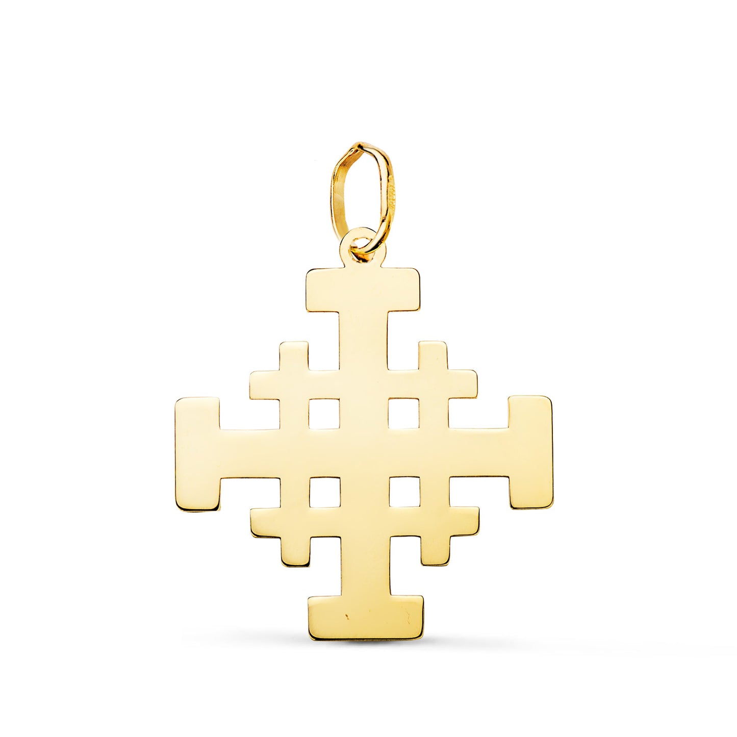 18K COLGANTE ORO AMARILLO CRUZ DE JERUSALEN SILUETA EN BRILLO. 22 X 20 MM