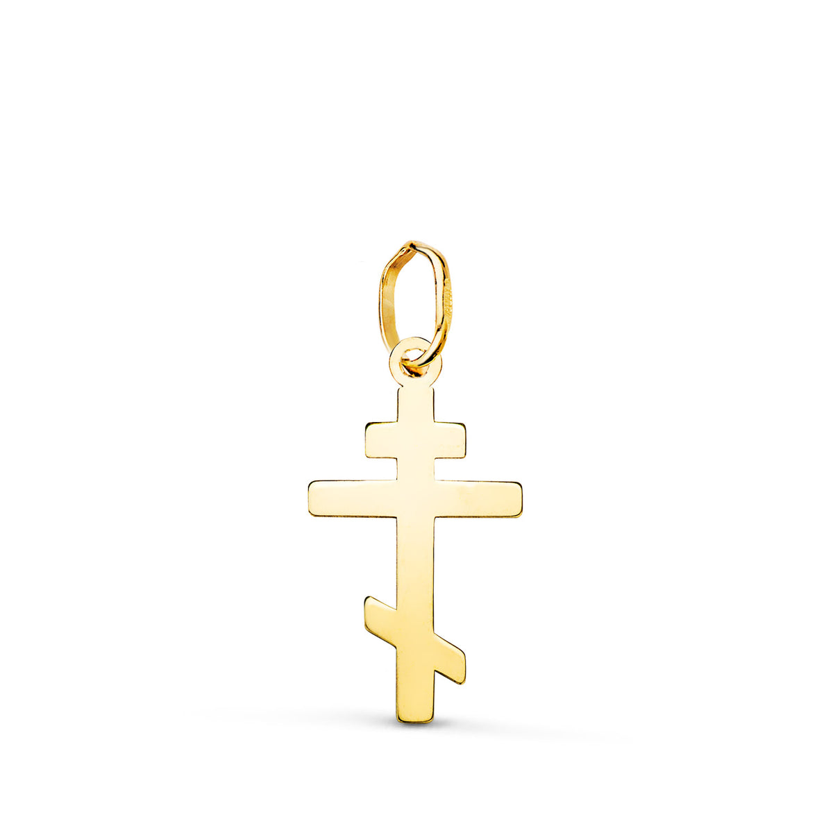 Colgante Cruz Ortodoxa Silueta en Brillo. 18 x 10 mm de oro amarillo 18K