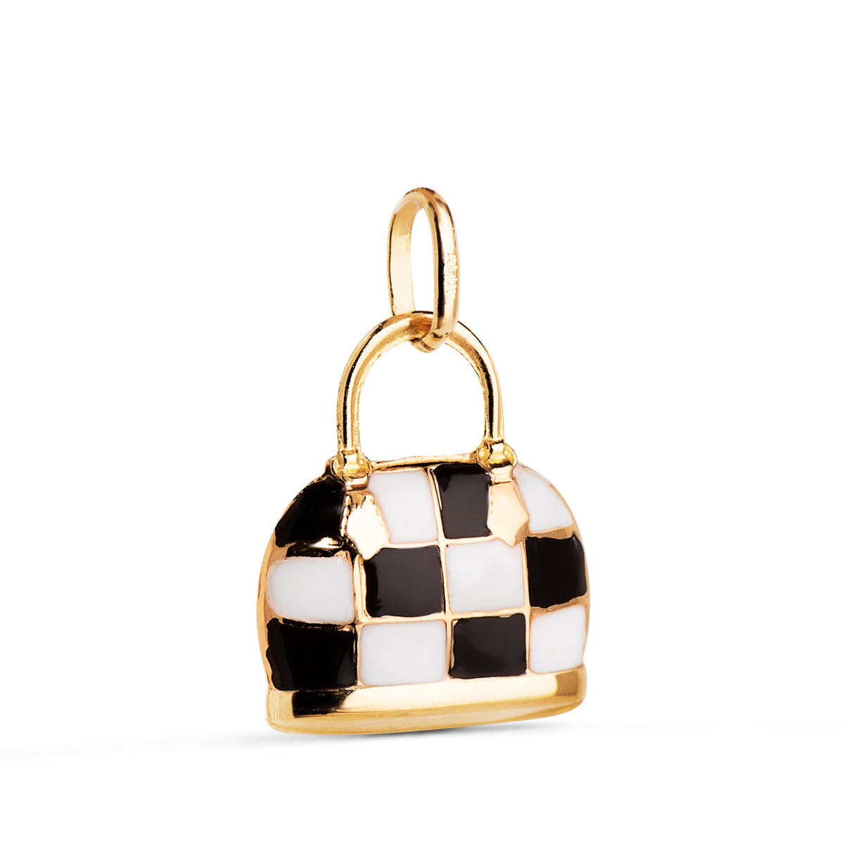 Colgante Bolso con Esmalte Negro y Blanco. Medida: 15 x 12,5 mm de oro amarillo 18K