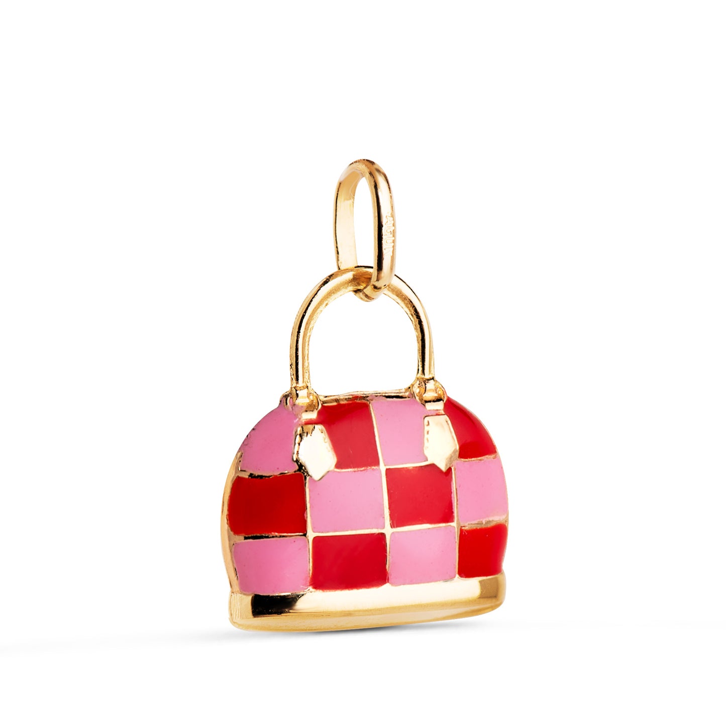 18K COLGANTE CHARM ORO AMARILLO BOLSO CON ESMALTE ROJO Y ROSA. MEDIDA: 15 X 12,5 MM