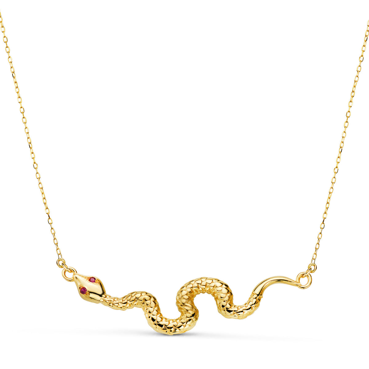 Colgante Serpiente Ojos Circonitas Rojas 40 x 9 mm. Cadena Forzada: 45-5 cm de oro amarillo 18K