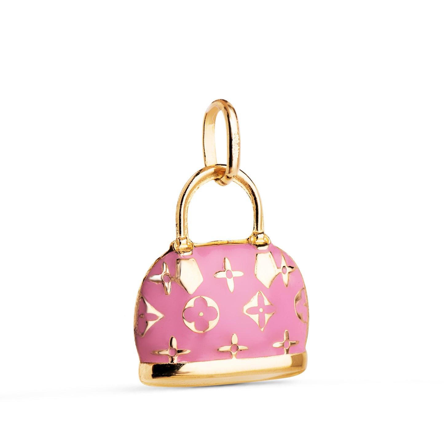 Colgante Charm Bolso con Esmalte Rosa. Medida: 15 x 12,5 mm de oro amarillo 18K