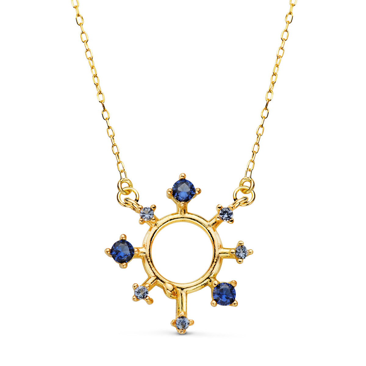 Colgante Rayos de Sol y Circonitas Azules 17 x 16 mm. Cadena Forzada: 40-2 cm de oro amarillo 18K