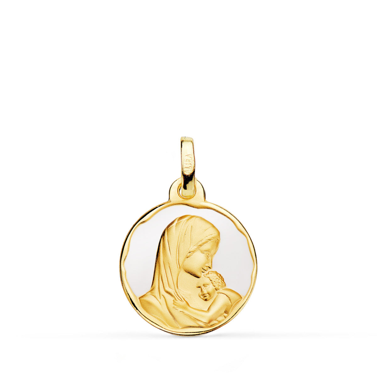 Medalla Virgen Madre Amor Maternal Esmalte Blanco 16 mm de oro amarillo 18K