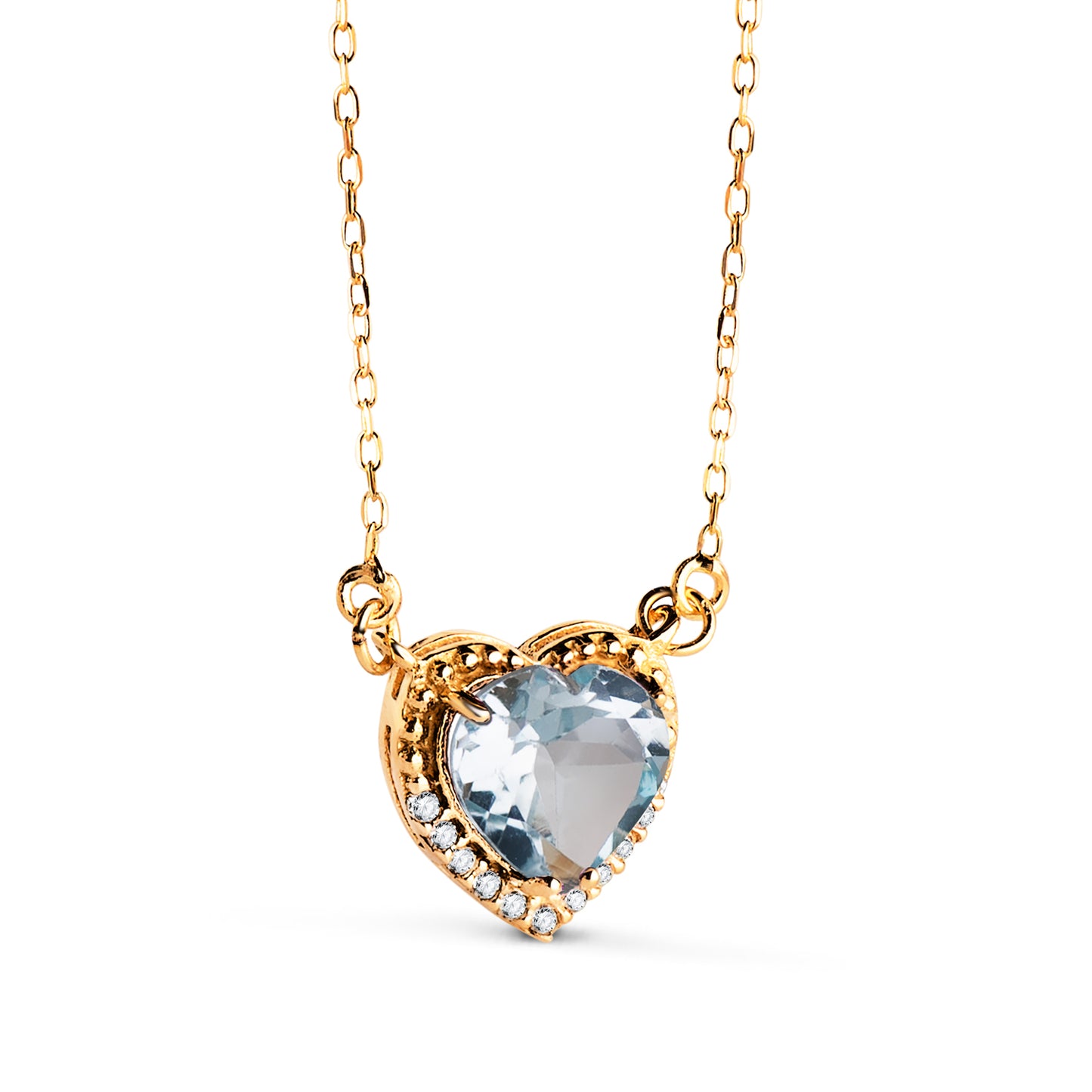 18K GARGANTILLA ORO AMARILLO CORAZON TOPACIO AZUL 7MM CIRCONITAS CADENA 40-2CM