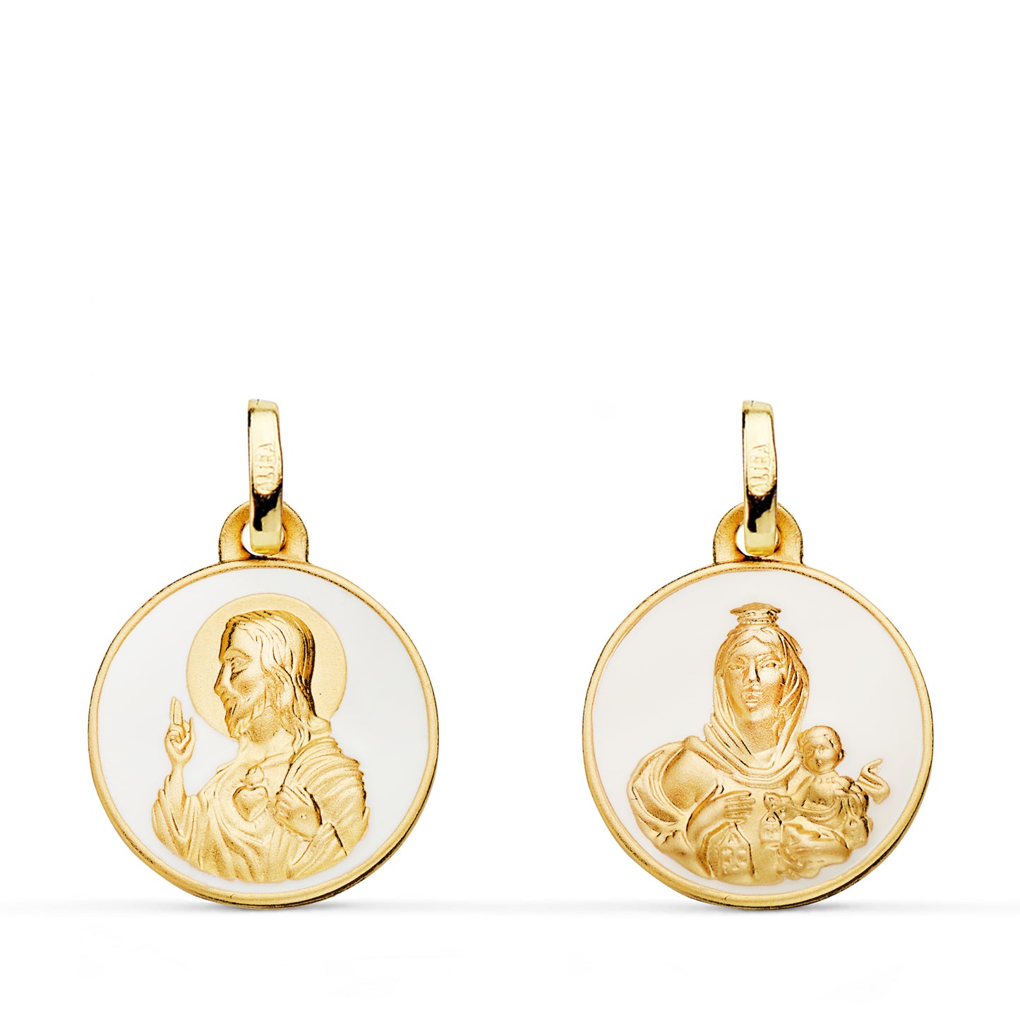 18K ESCAPULARIO ORO AMARILLO CORAZON DE JESUS Y VIRGEN DEL CARMEN ESMALTE BLANCO. 16 MM