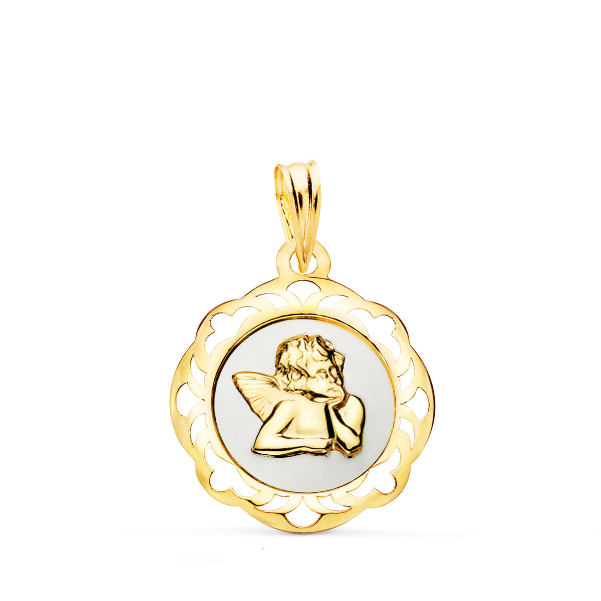 Medalla Angelito Burlon Esmalte Blanco y Cerco Calado en Brillo 20 x 18 mm de oro amarillo 18K