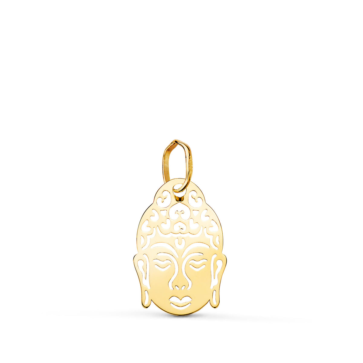Colgante Amuleto Cabeza de Buda Calado. Medida: 16 x 10 mm de oro amarillo 18K