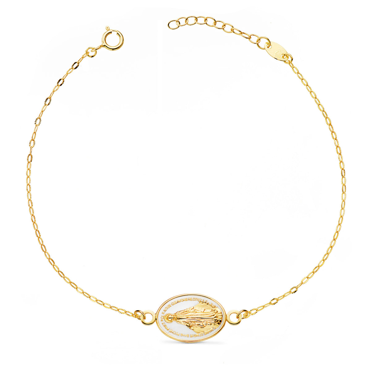 Pulsera Virgen Milagrosa Esmalte Blanco 13 x 10 mm. Cadena Tallada: Largo: 17-3 cm de oro amarillo 18K