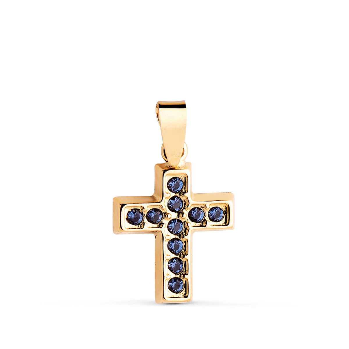 Cruz con Circonitas Azules. Medida: 13,5 x 10 mm de oro amarillo 18K