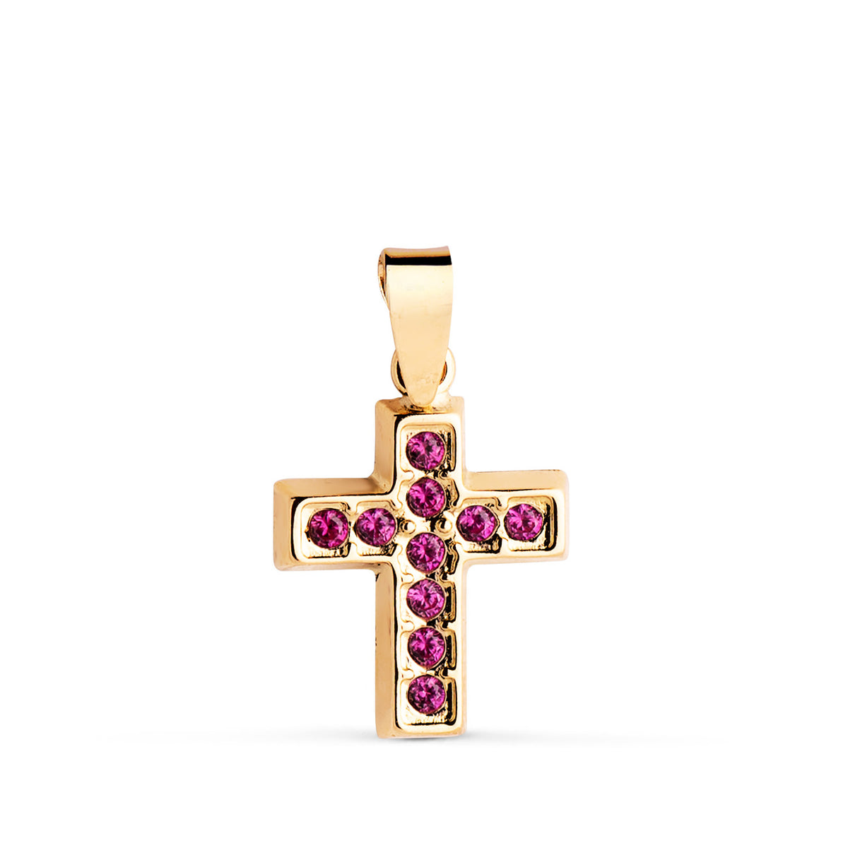 Cruz con Circonitas Rojas. Medida: 13,5 x 10 mm de oro amarillo 18K