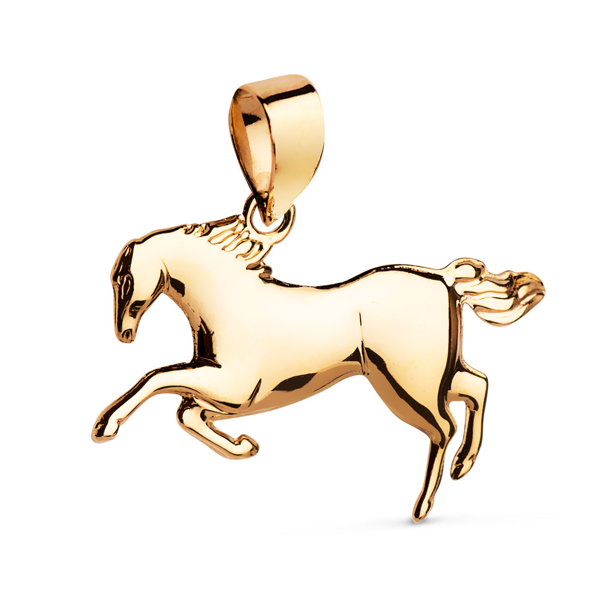 Colgante Caballo Corriendo en Brillo. Medida: 23 x 14 mm de oro amarillo 18K