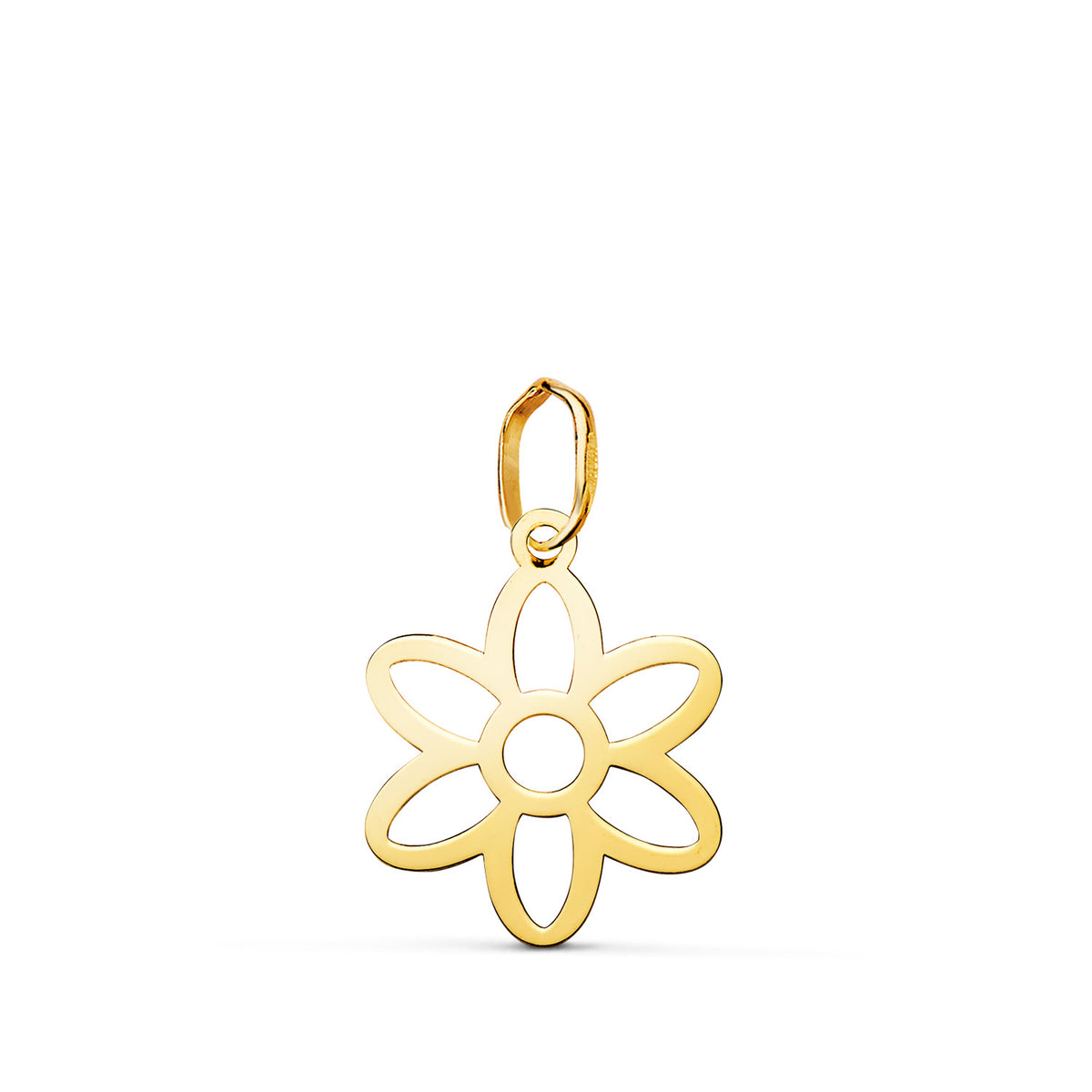Colgante Amuleto Flor Calada en Brillo. Medida: 15,5 x 12 mm de oro amarillo 18K