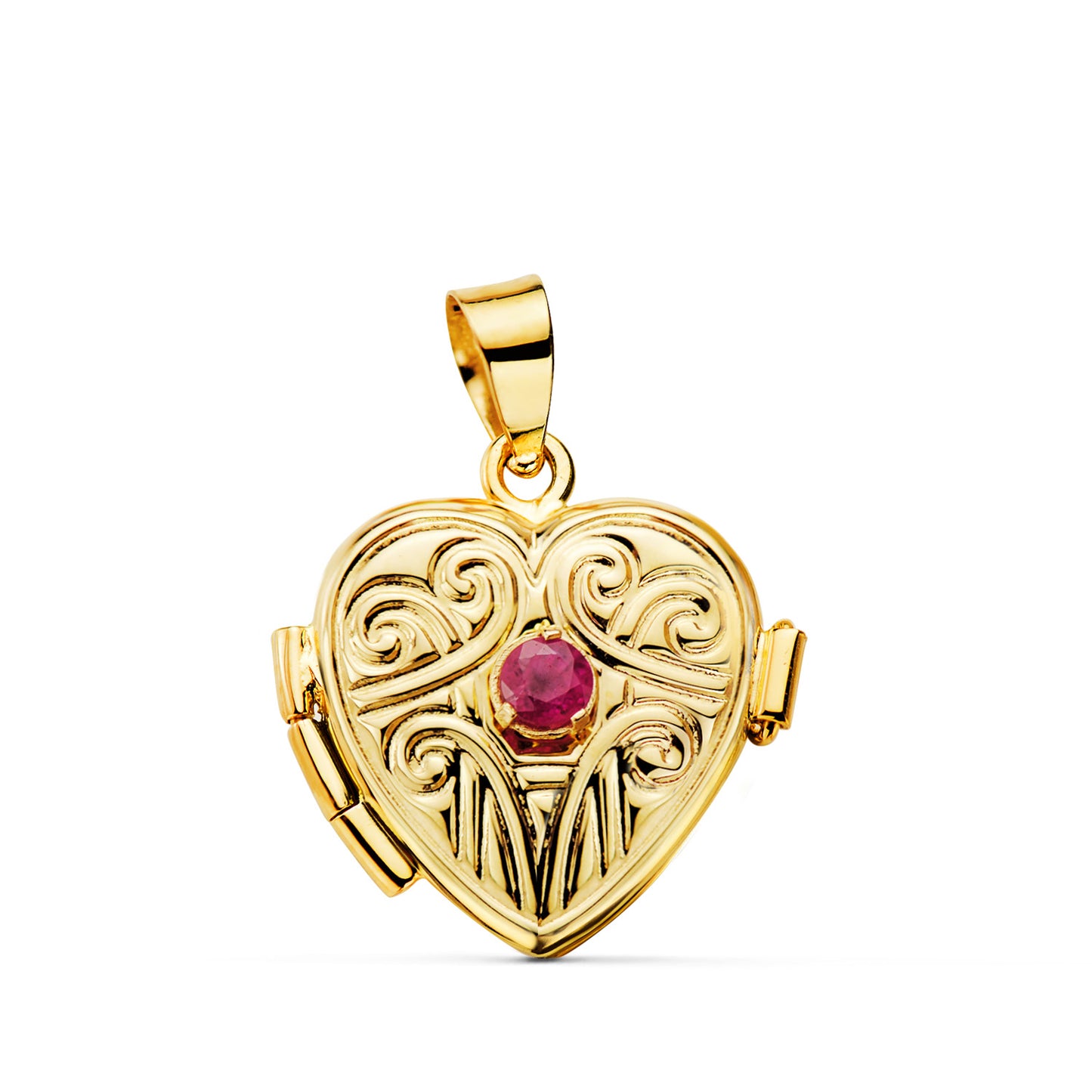 18K GUARDAPELO DIJE PORTAFOTOS ORO AMARILLO CORAZON LABRADO CON RUBÍ FINO. MEDIDA: 16 X 14 MM C. AMOR