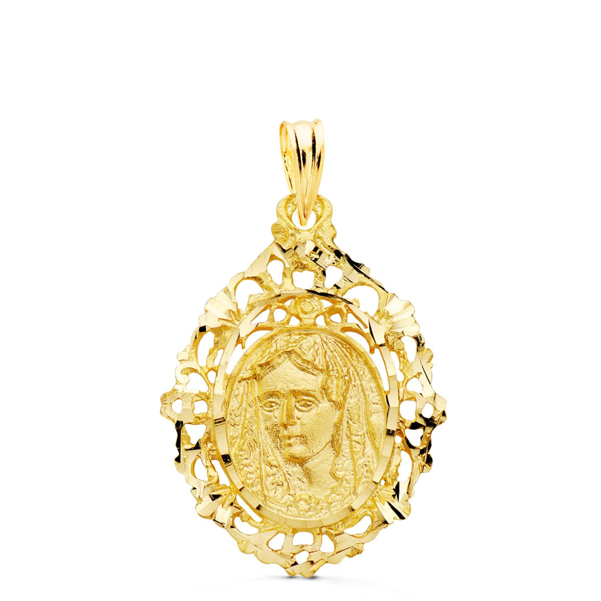 18K MEDALLA ORO AMARILLO VIRGEN DE LA MACARENA CERCO FILIGRANA 27X20 MM