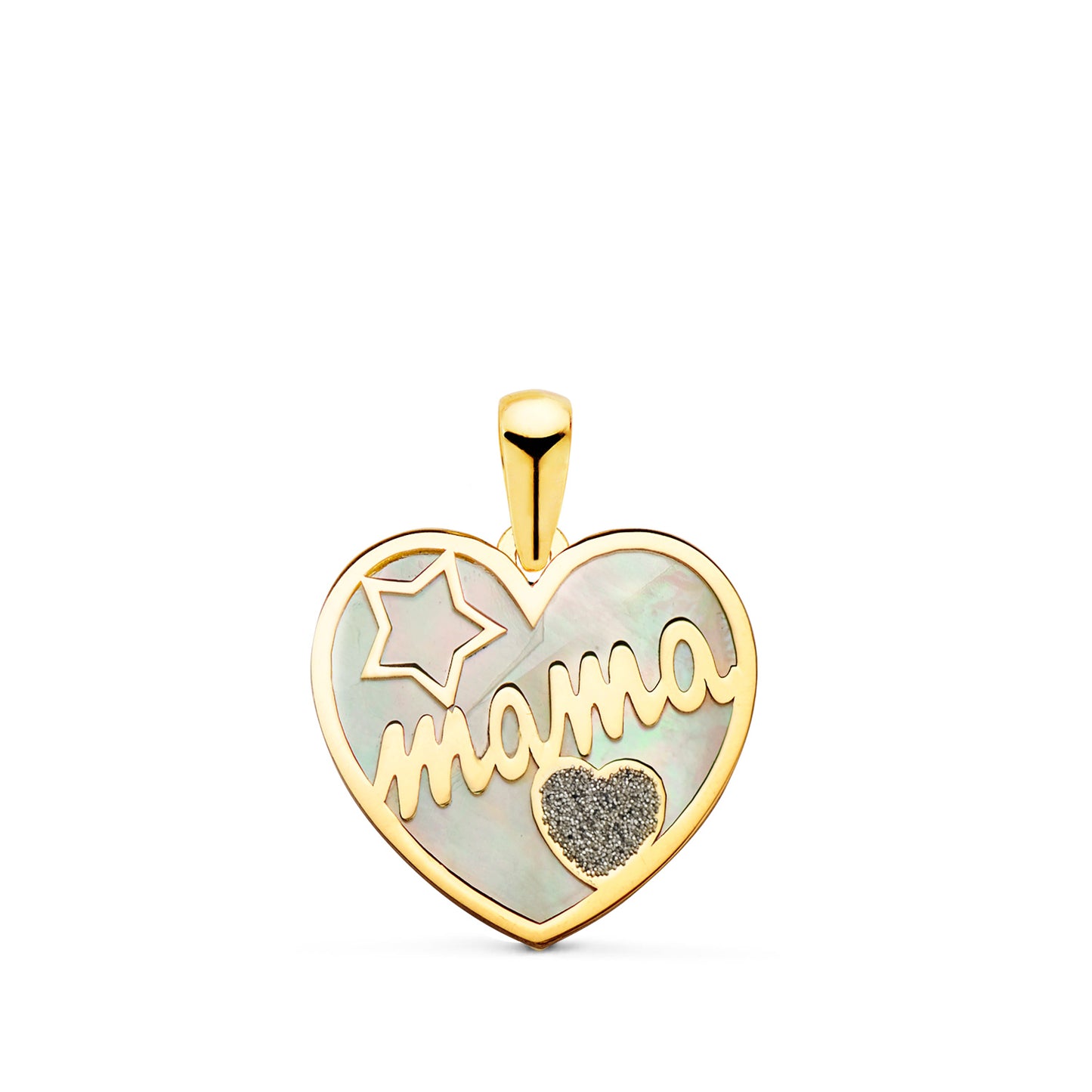 18K COLGANTE DE CORAZON ORO AMARILLO CON NACAR MAMA Y POLVO DE DIAMANTE 16X14MM