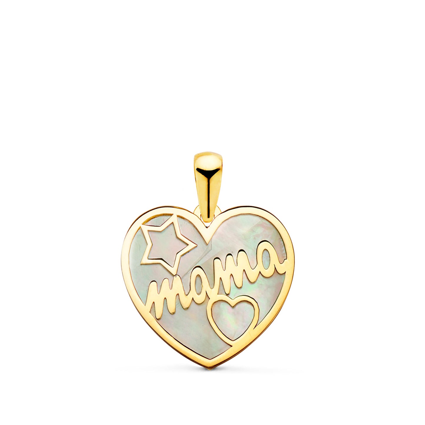 Colgante Corazon con Nacar Mama y Dibujo de Estrella y Corazon 16 x 14 mm de oro amarillo 18K