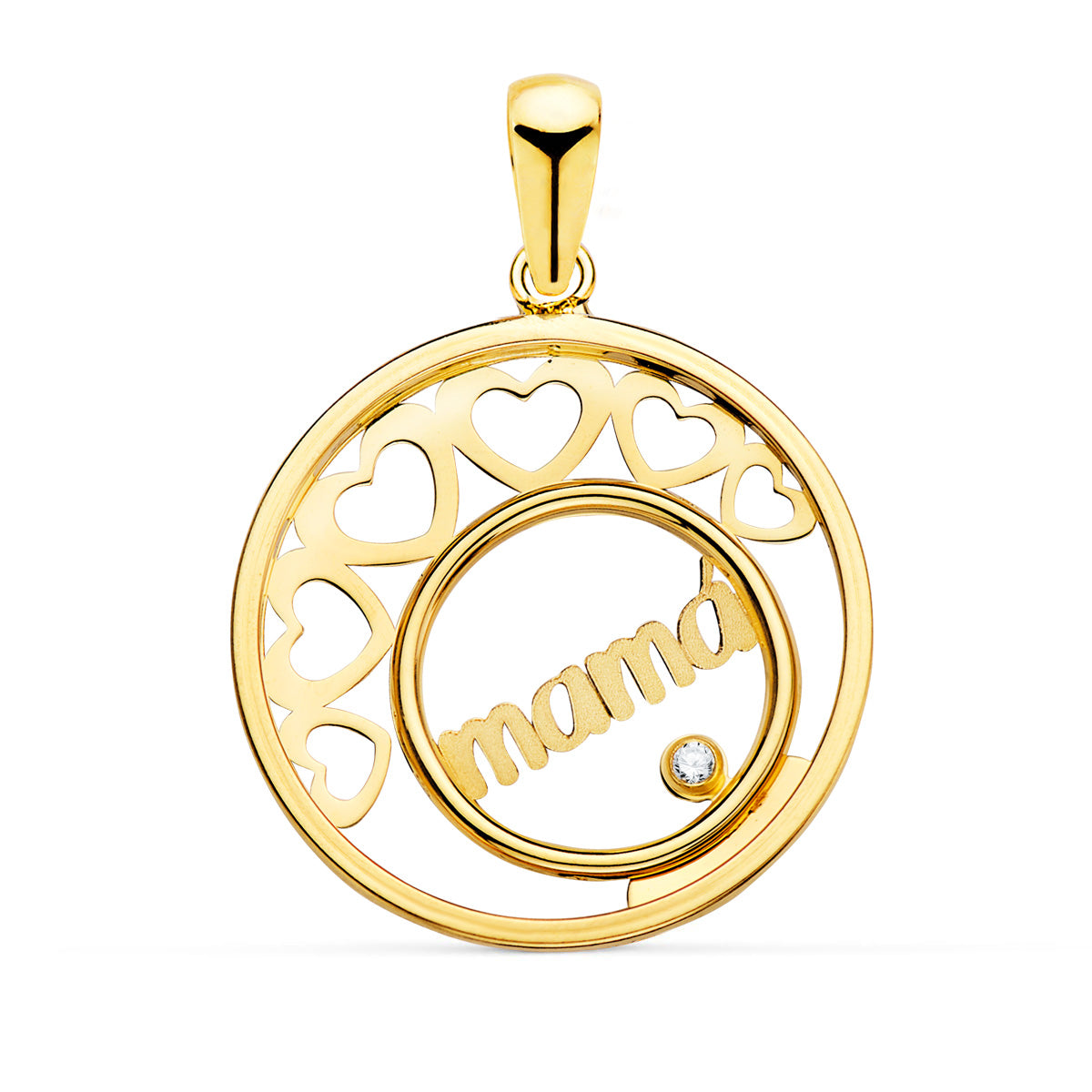 Colgante Corazones y Circulo con Mama 20 mm de oro amarillo 18K