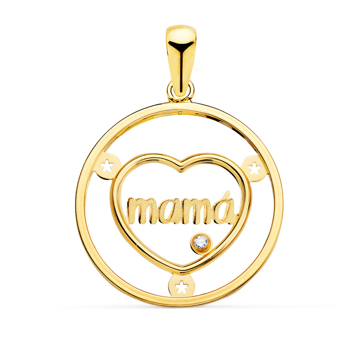 Colgante Corazon con Mama y Circonita Redondo 20 mm de oro amarillo 18K