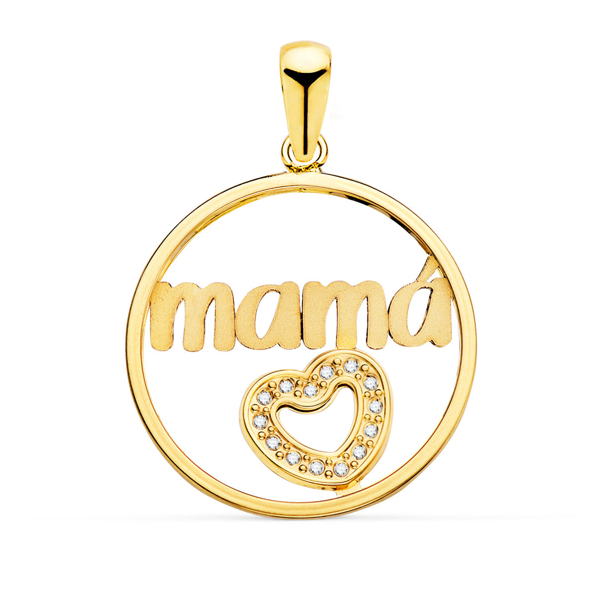 Colgante Corazon de Circontias y Mama Redondo 20 mm de oro amarillo 18K