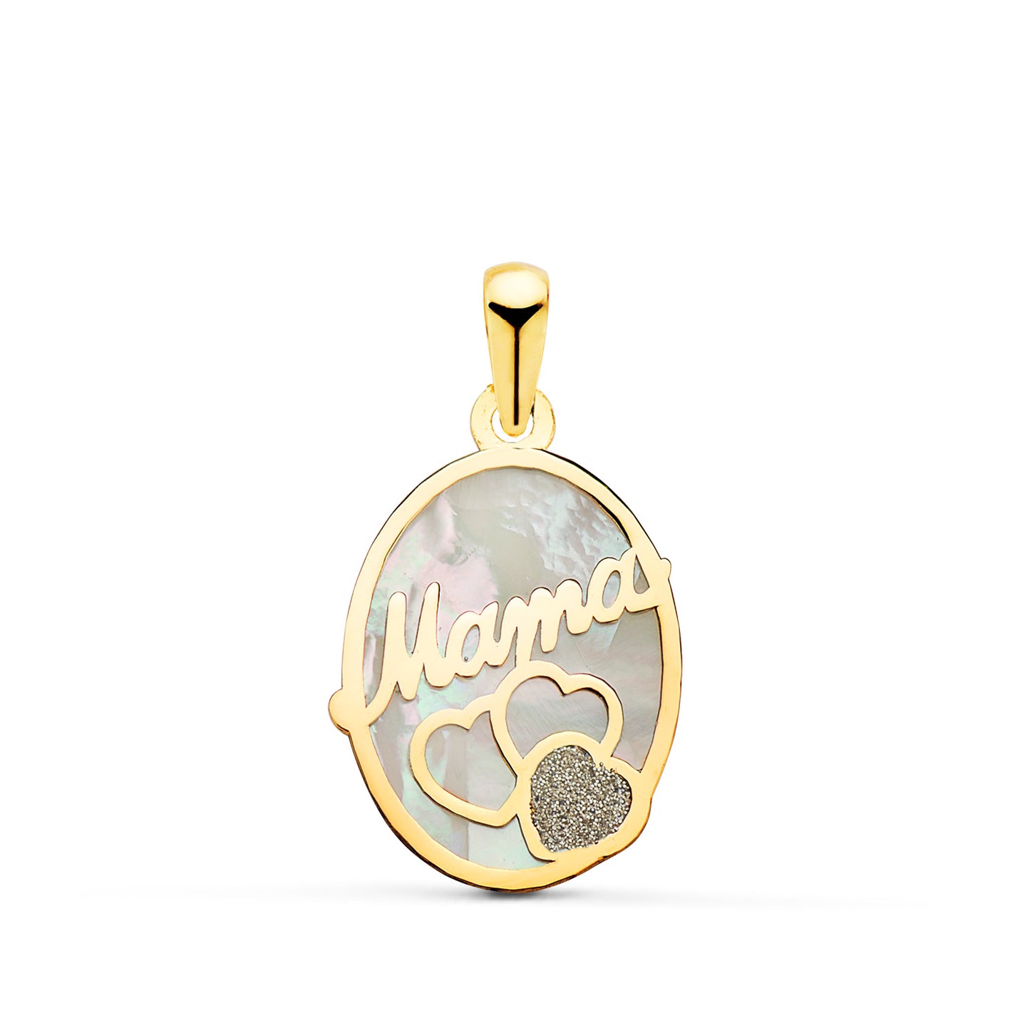 18K COLGANTE DE NACAR OVALORO AMARILLO MAMA CON CORAZONES Y POLVO DE DIAMANTE 17X13MM
