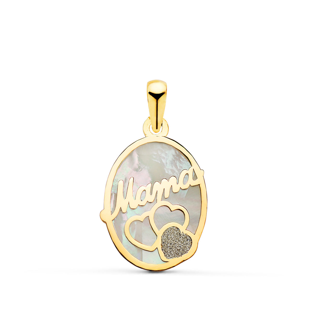 Colgante de Nacar Oval Mama con Corazones y Polvo de Diamante 17 x 13 mm de oro amarillo 18K