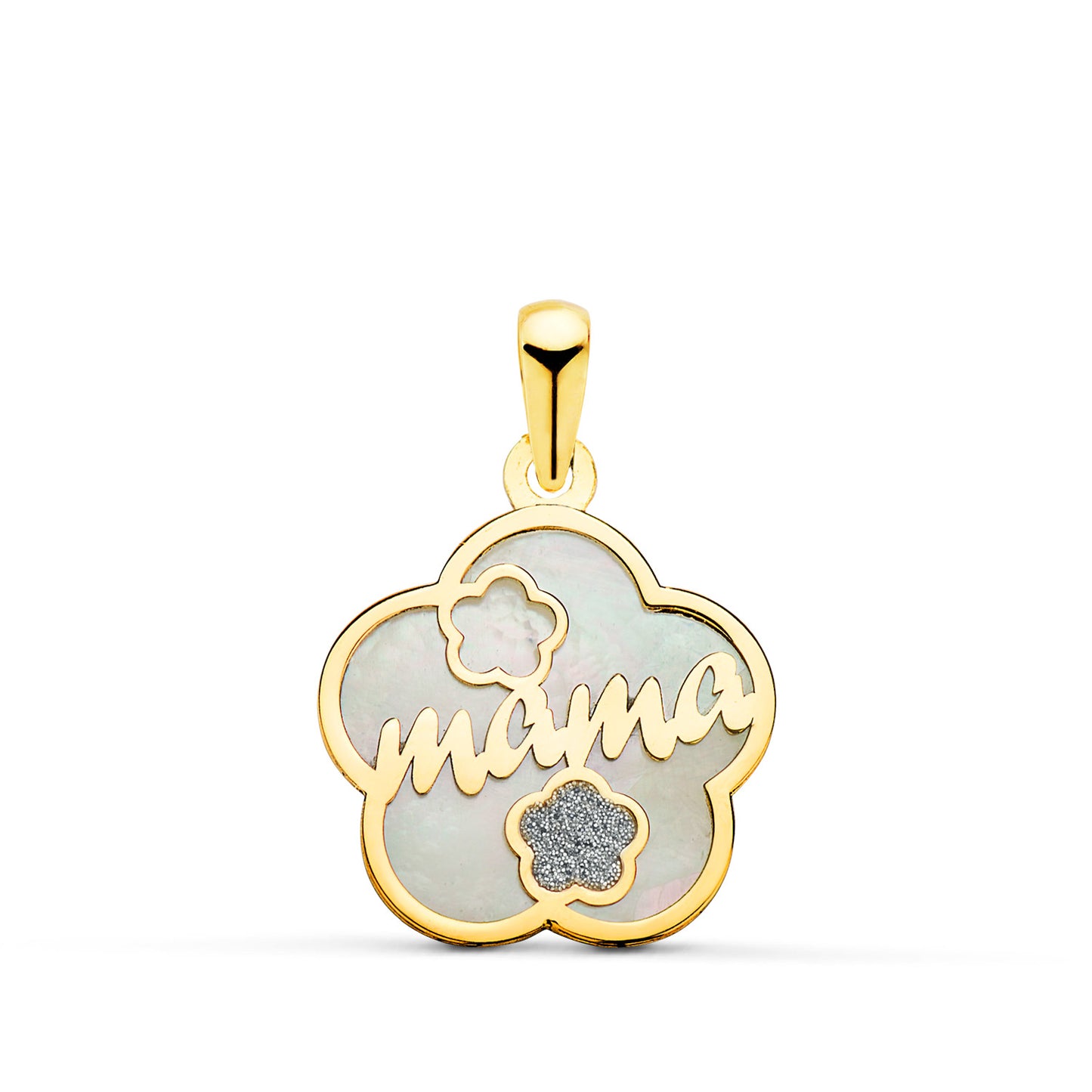 18K COLGANTE DE NACAR ORO AMARILLO FORMA DE FLOR Y MAMA CON CORAZON Y POLVO DIAMANTE 15X15MM