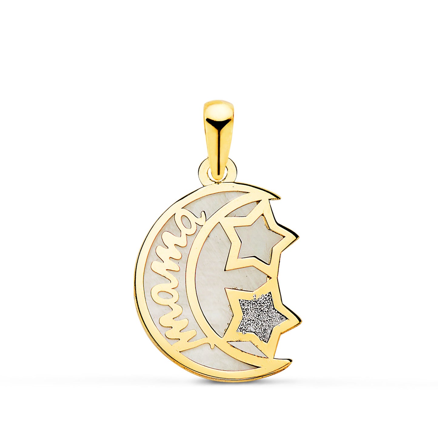 Colgante de Nacar Forma de Luna y Mama con Estrellas 16 x 13 mm de oro amarillo 18K