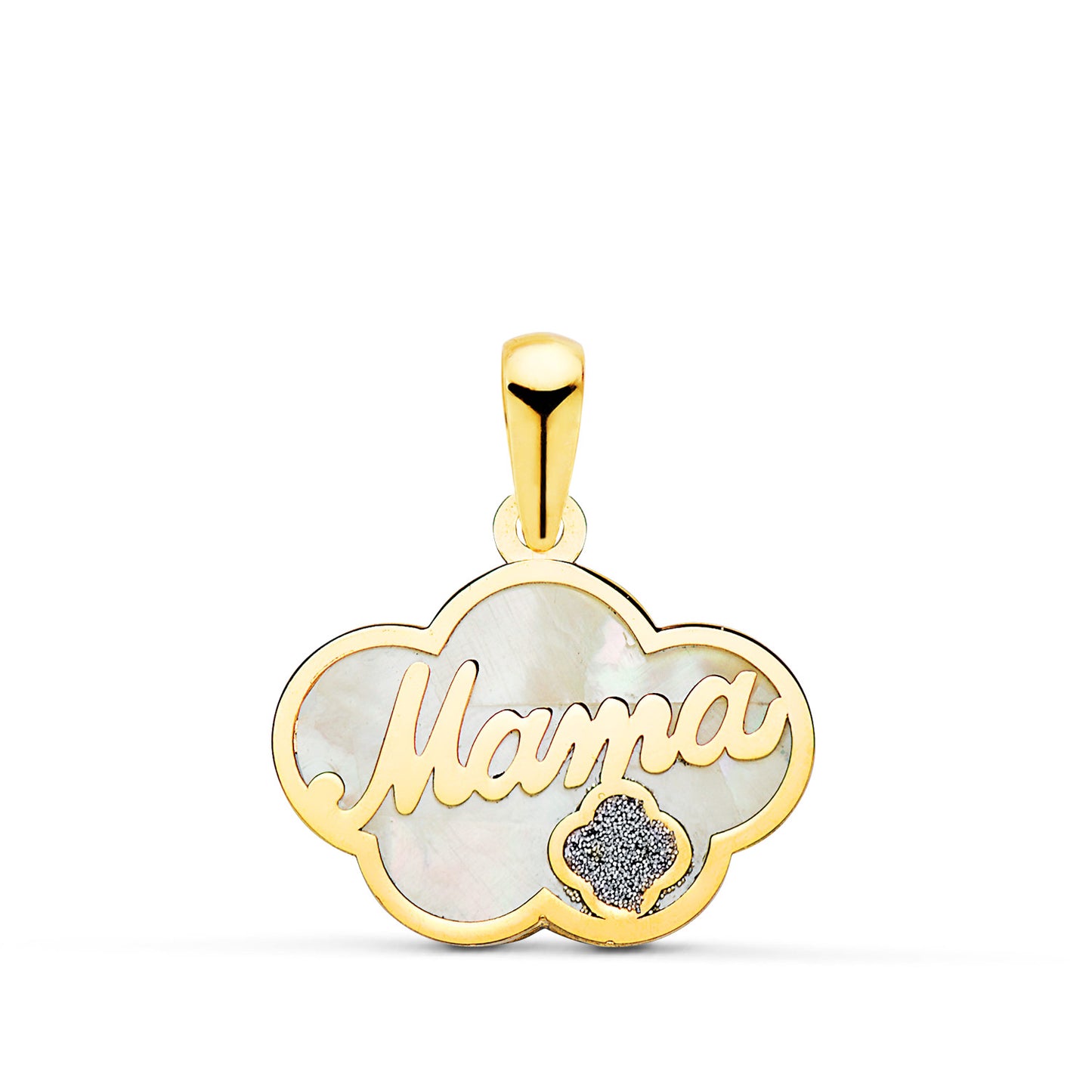 Colgante de Nacar Forma de Nube y Mama con Glitter 17 x 13 mm de oro amarillo 18K