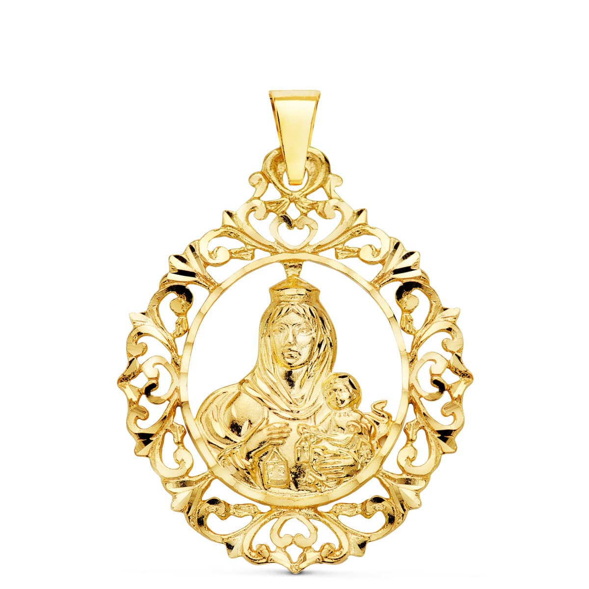 Medalla Virgen del Carmen Orla Filigrana 37 x 30 mm de oro amarillo 18K
