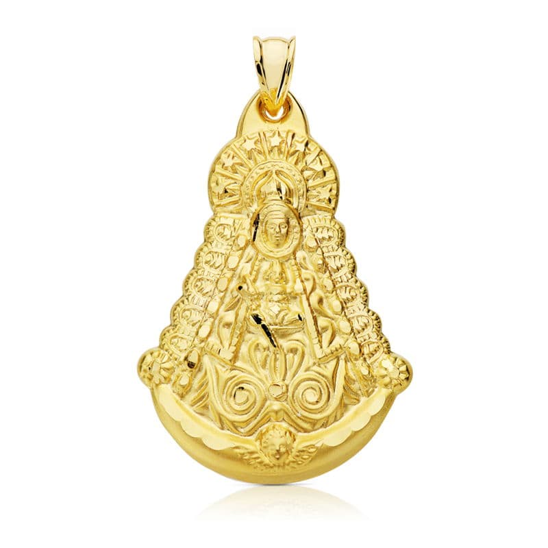 18K MEDALLA ORO AMARILLO VIRGEN DEL ROCIO SILUETA 40X30 MM TALLADA