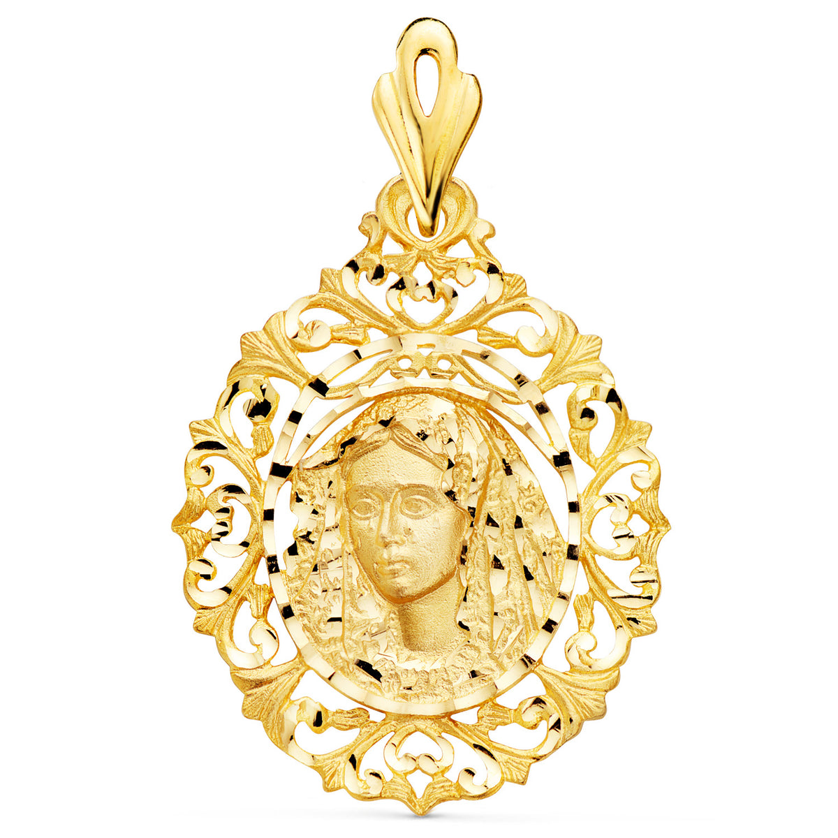 Medalla Virgen Macarena Cerco 40 x 31 mm de oro amarillo 18K