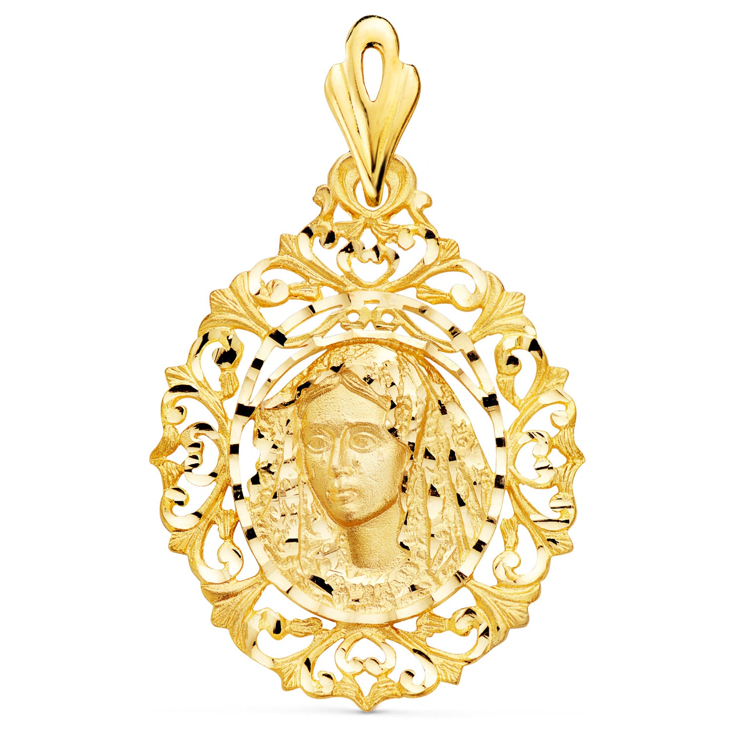 18K MEDALLA ORO AMARILLO VIRGEN MACARENA CERCO 40X31 MM