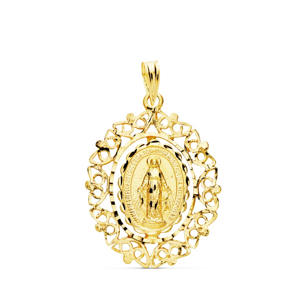 18K MEDALLA ORO AMARILLO VIRGEN DE LA MILAGROSA CERCO 27X21 MM