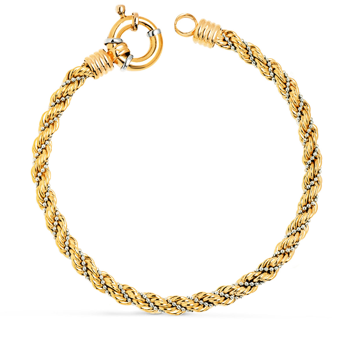 Pulsera Bicolor Cordon Salomonico con Bolitas. Ancho 5 mm Largo 21 cm. Cierre Timon 18K