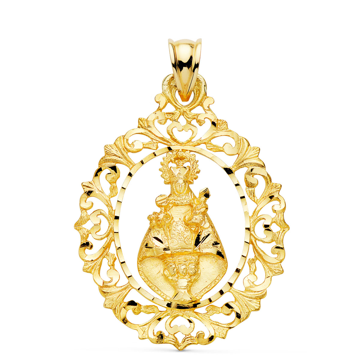Medalla Virgen de Covadonga Tallada 39 x 30 mm de oro amarillo 18K