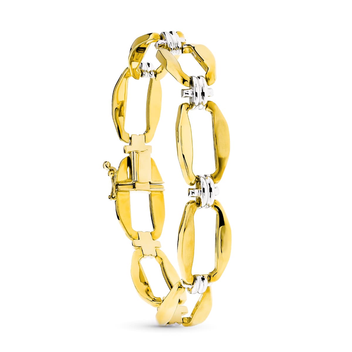Pulsera Bicolor Eslabon Rectangulo y Cruz Mate y Brillo 18K