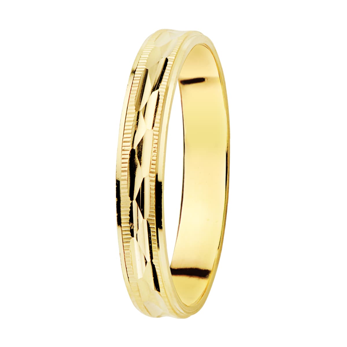 Alianza Tallada y Bordes Estriados. Ancho: 3 mm de oro amarillo 18K