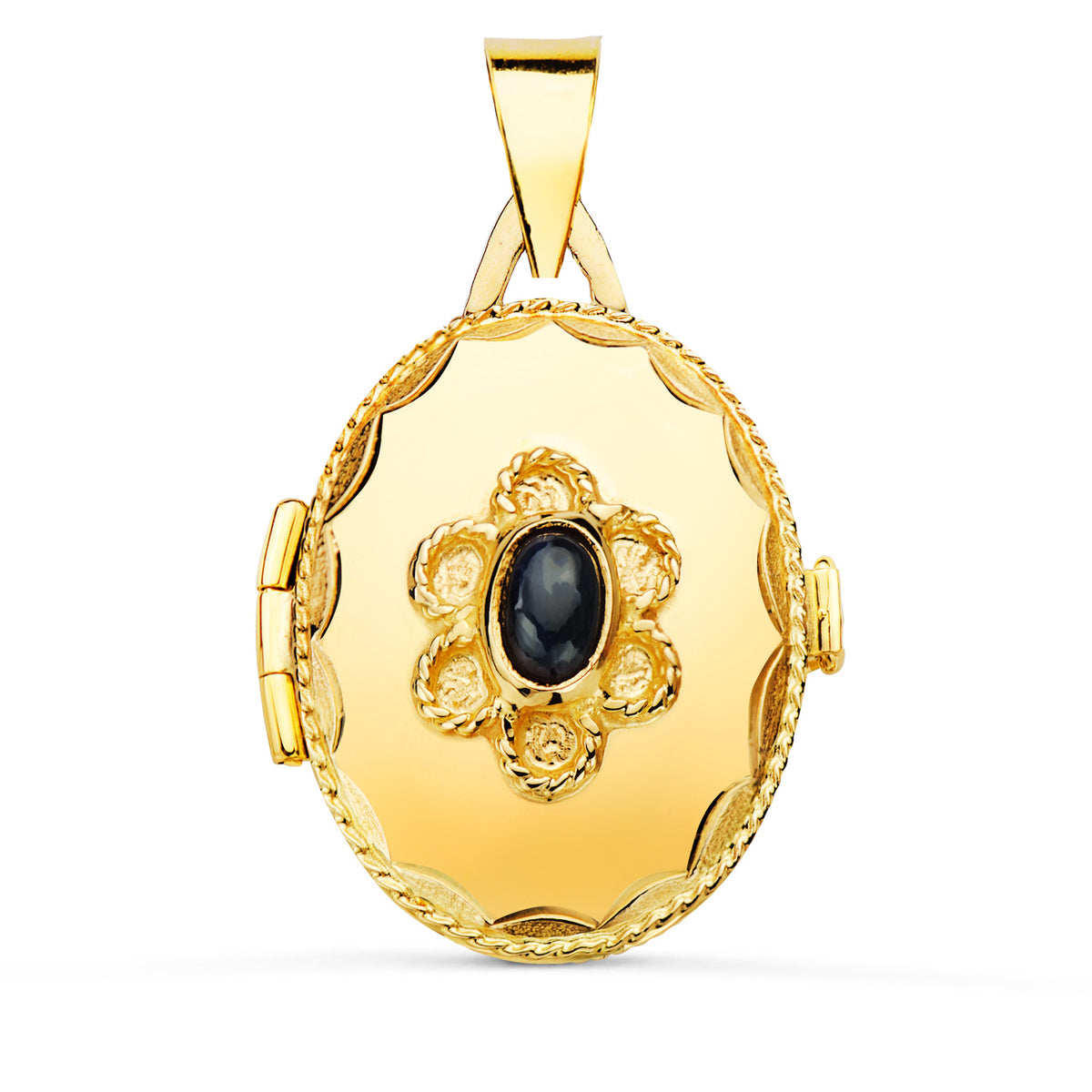 Guardapelo Dije Portafotos Oval con Piedra Azul y Borde Hilo Reliado. 23 x 18 mm de oro amarillo 18K