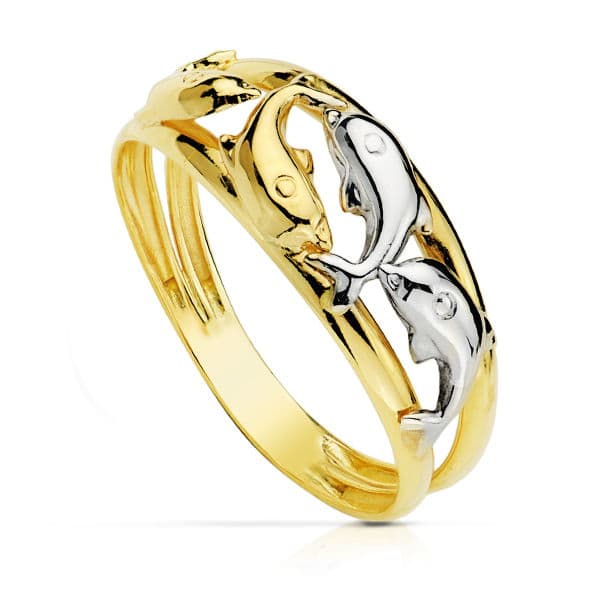 18K SORTIJA ORO BICOLOR CON DELFINES EN BRILLO. ANCHO CUERPO: 8 MM