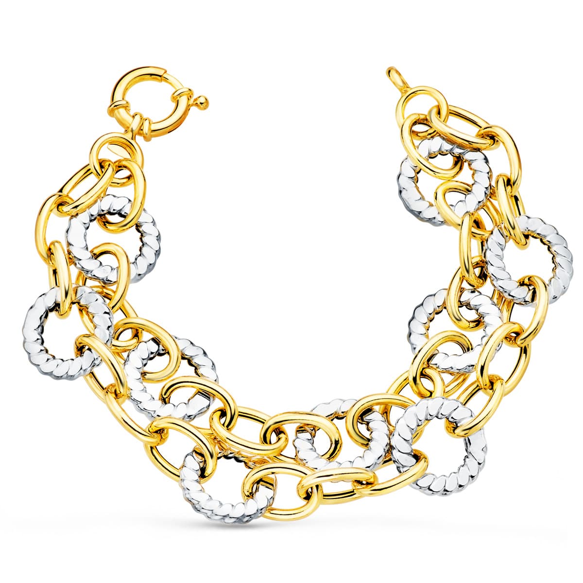 Pulsera Bicolor Doble Cadena Hueca Motivos Redondos 20,5 cm 18K