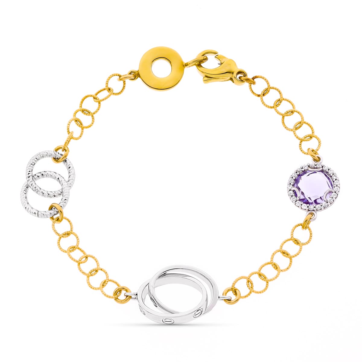 Pulsera Bicolor Eslabones Piedra Amatista 18K