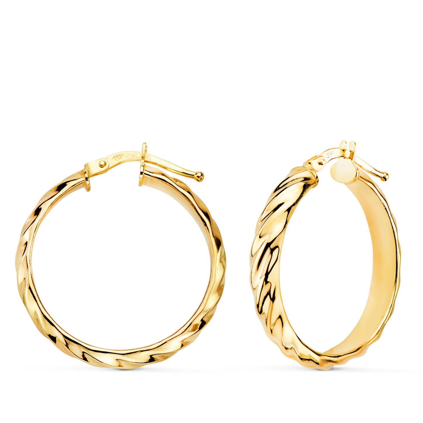 18K AROS ORO AMARILLO MEDIA CAÑA BANDAS BRILLO 24X4 MM