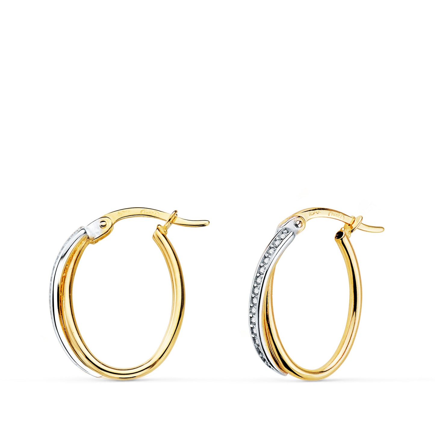 18K AROS ORO BICOLOR HUECOS OVAL DOBLE BANDA Y CIRCONITA 15 X 14 MM. GROSOR: 1,5MM